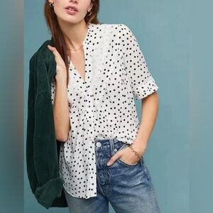 Anthropologie Maeve Polka Dot Buttondown Black White Lace Top Size 4